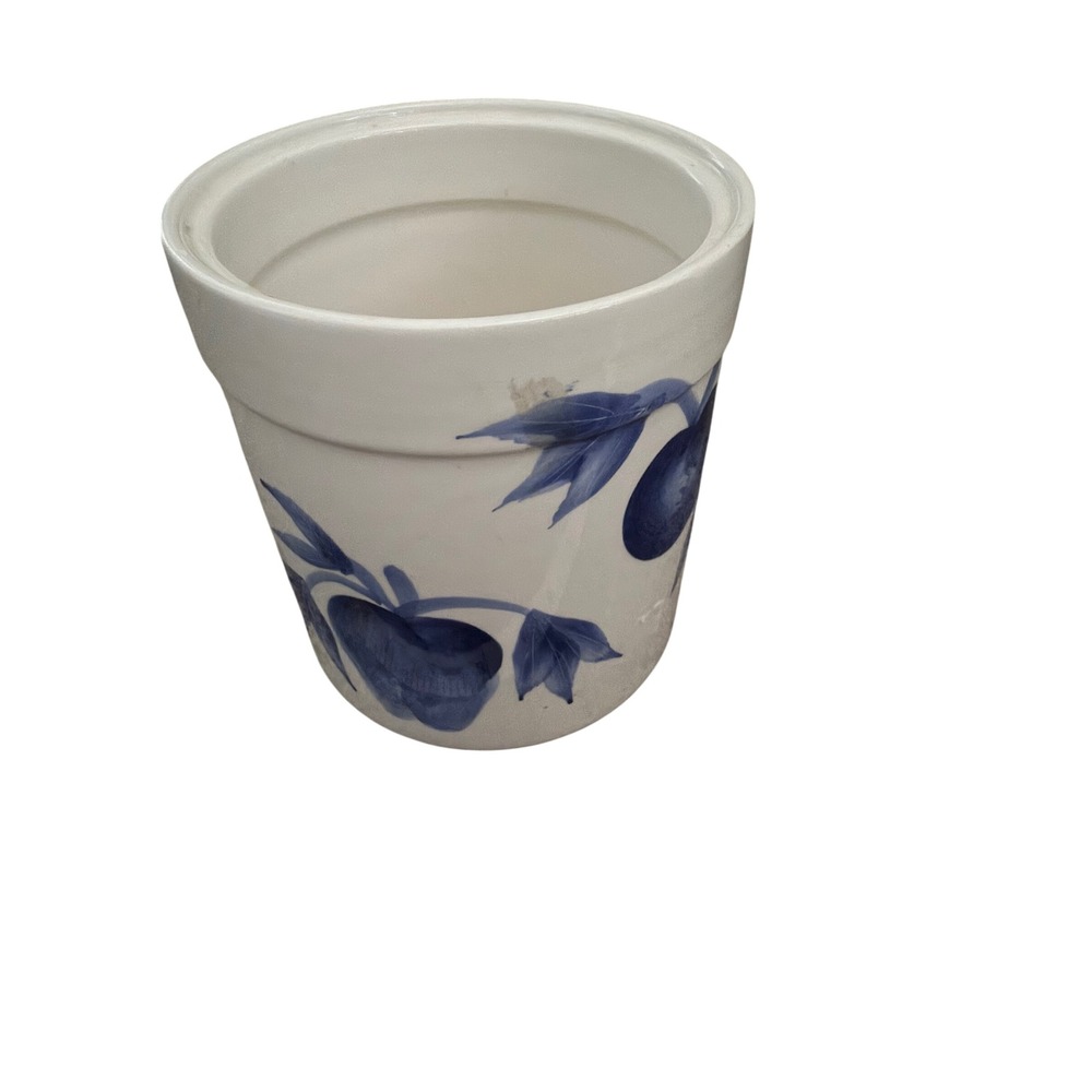 Blue and White Ceramic Planter Pot Hand Painted Fruit Motif Cobalt Glazed 6in